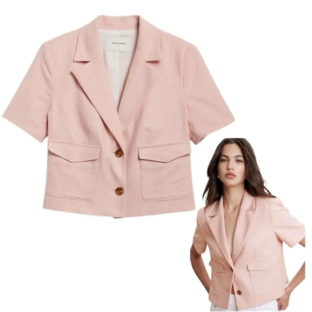 Banana Republic Pink Tailored Blazer Herringbone Cropped Career Womens Size 16